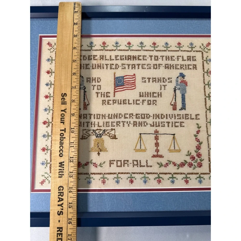Pledge of Allegiance Cross Stitch Framed Americana Folk Art Flag 16x19